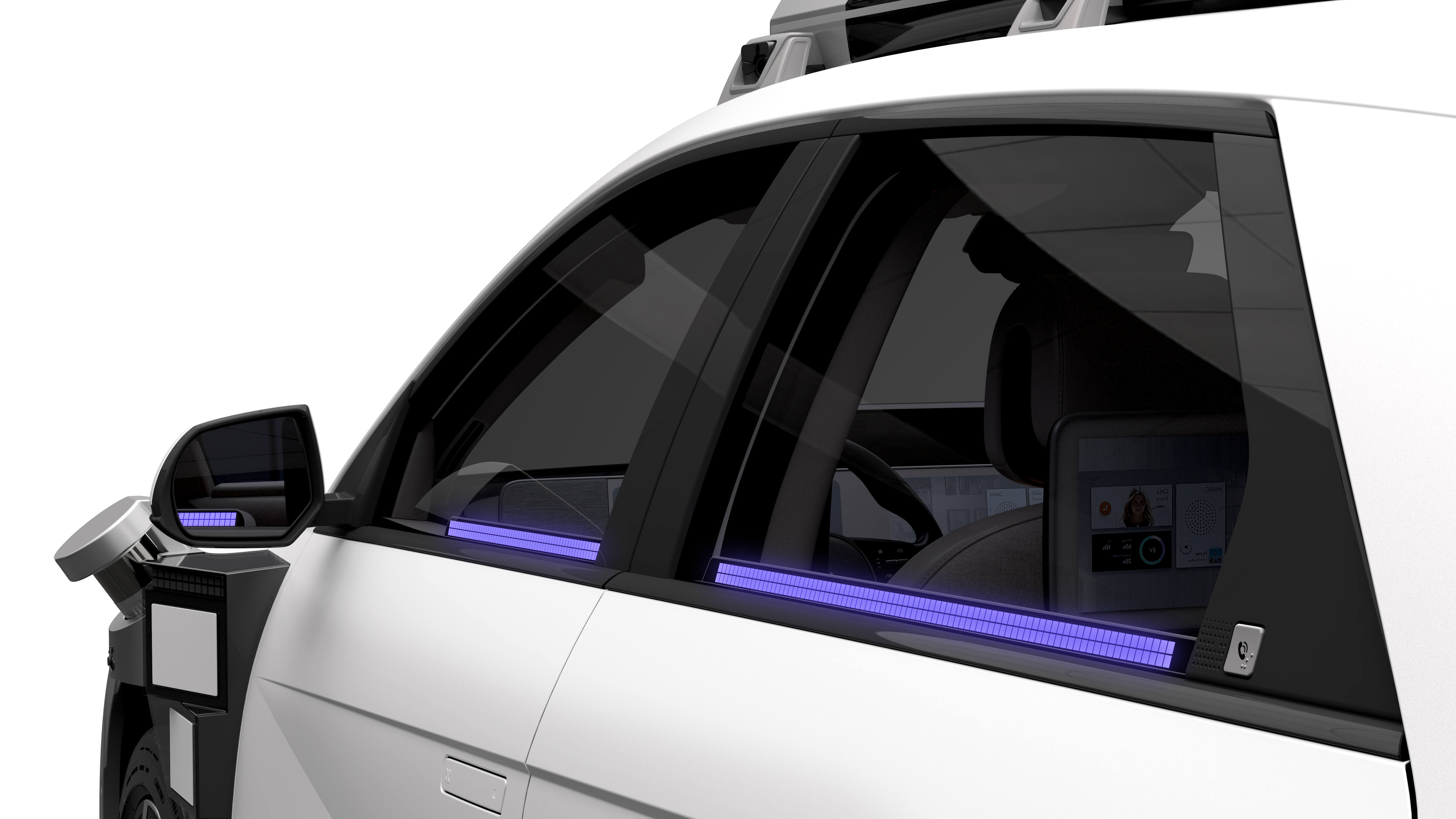 A side view of the IONIQ5 robotaxi showing an LED strip along the windows