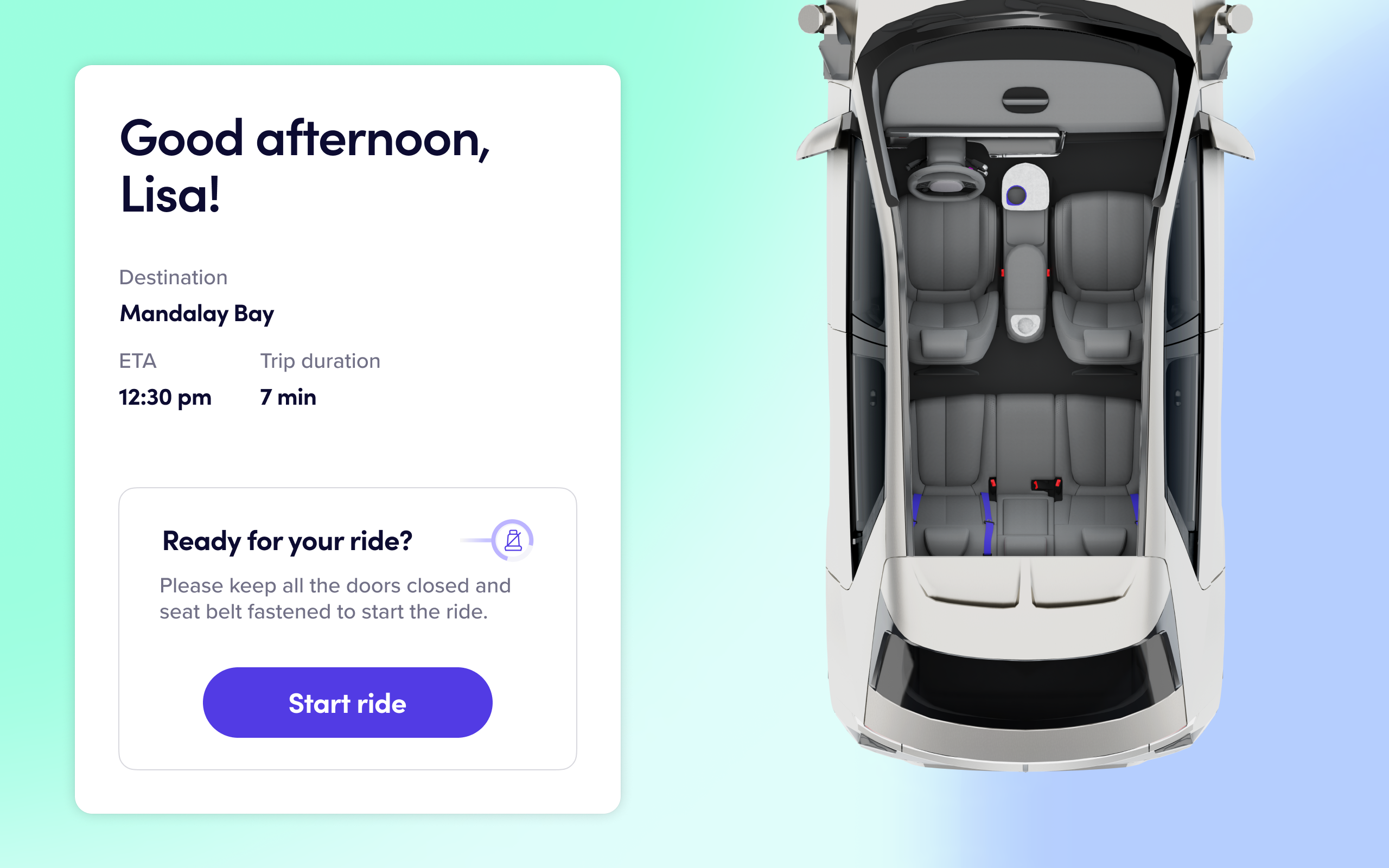 An image of the Lyft app with a welcome message on the left and a view of the IONIQ 5 robotaxi on the right
