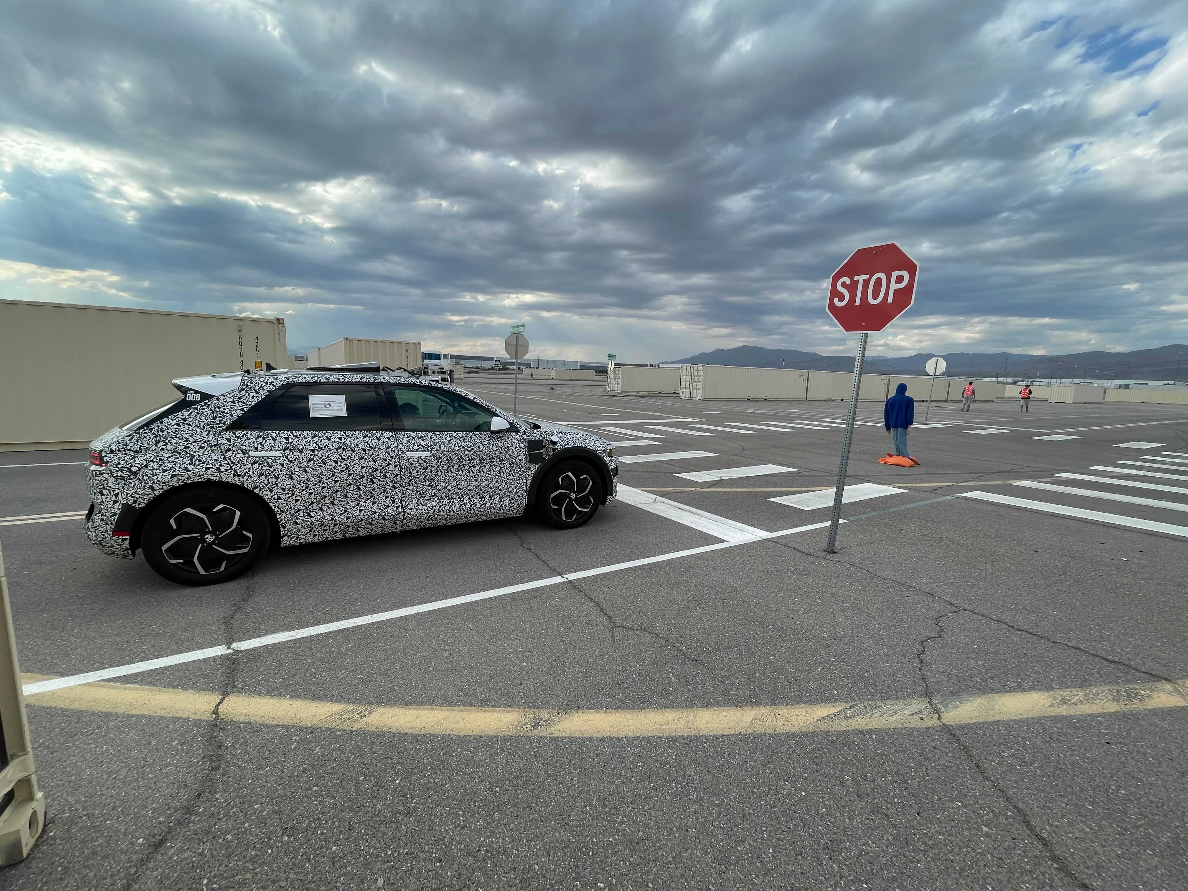 The IONIQ 5 is shown at a stop sign at Motional's Las Vegas test track