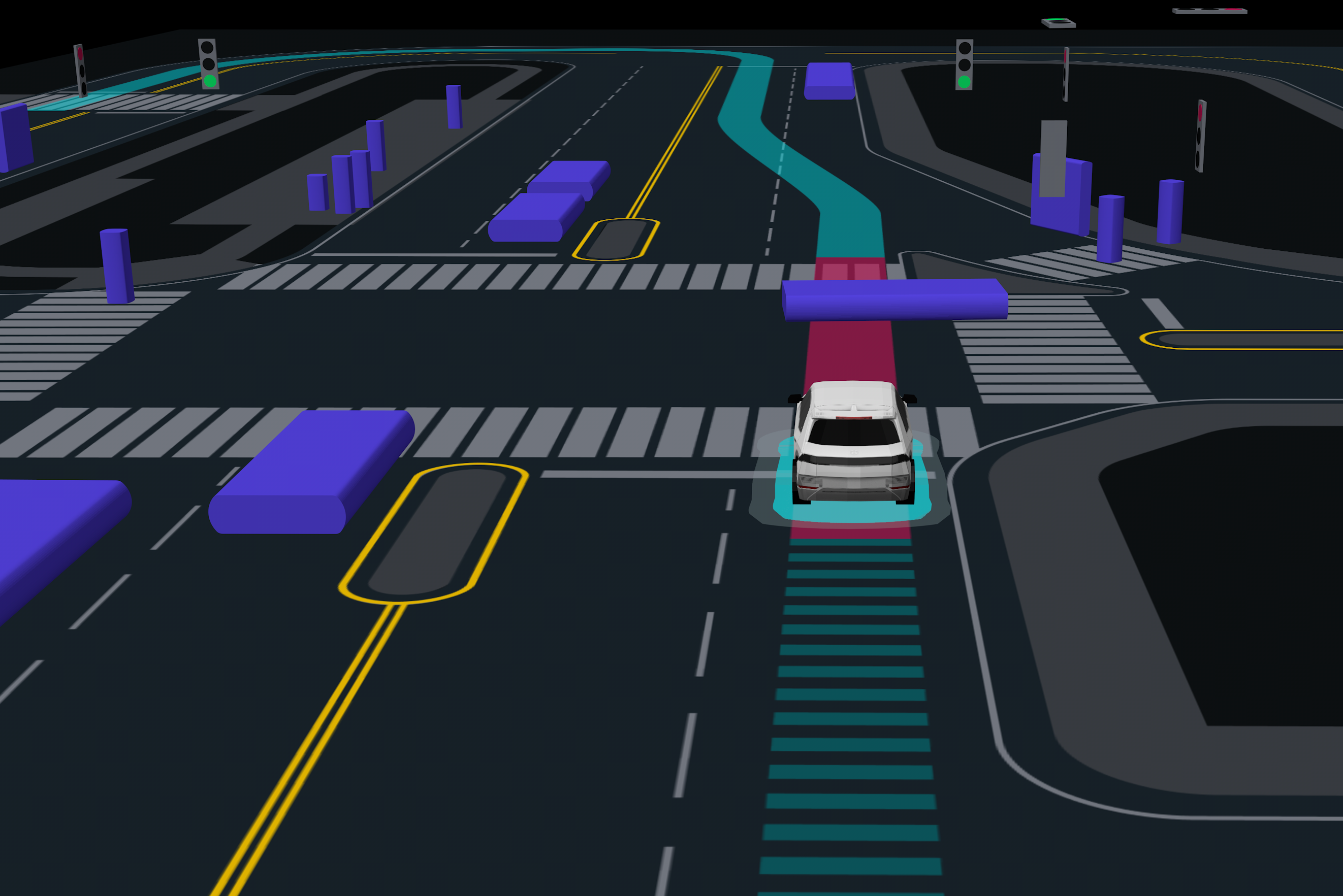 A 3D graphic showing the AV's path forward blocked by another vehicle