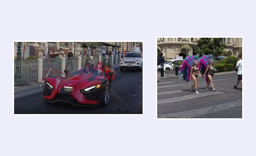 The side by side photo shows a red racing trike alongside dancers in red, feathery costumes on the streets of Las Vegas