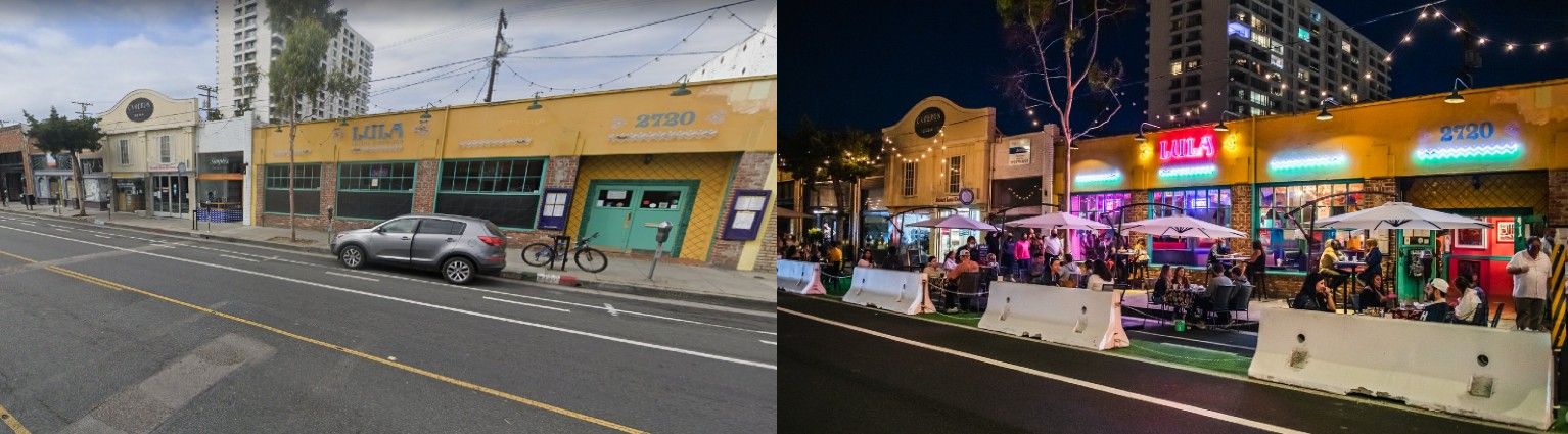 Comparison of two pictures showing the same stretch of Main Street in Santa Monica before and after restaurants were allowed to temporarily take over parking spaces to expand outdoor seating. 