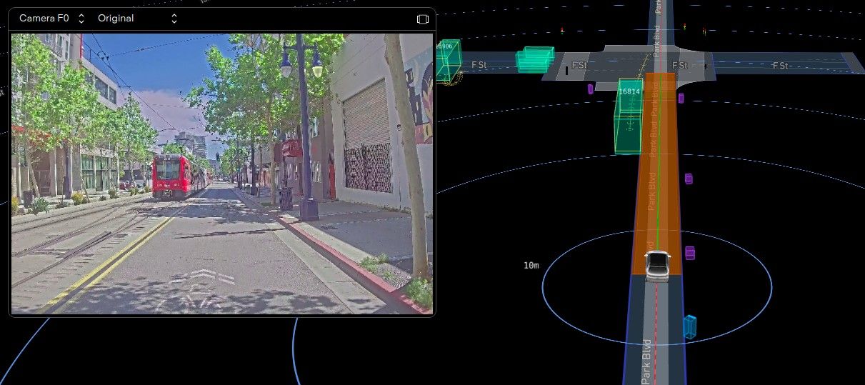 A side by side shot shows how Motional's IONIQ 5 robotaxi identified one of San Diego's Trolley trainss