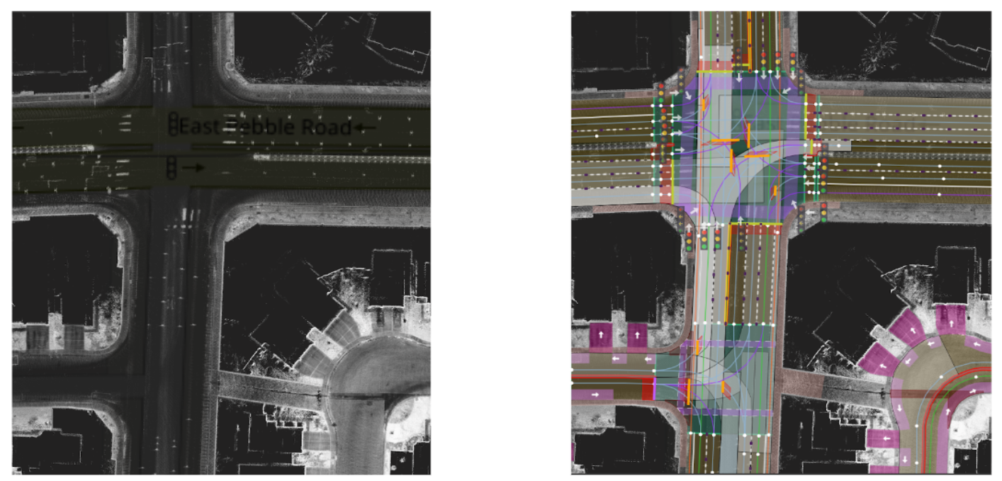 Side by side maps showing the difference between geometric maps, which include curbs and road layouts, and semantic maps, which includes road lane information