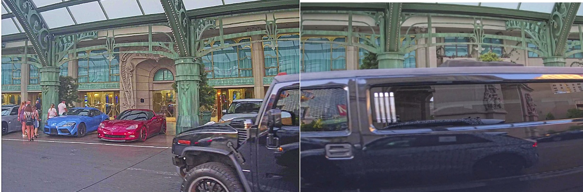 Camera shots from a Motional robotaxi showing the front and middle sections of a black stretch limo