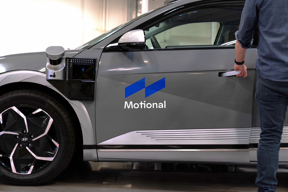 A side view of a Motional IONIQ 5 robotaxi showing one of the vehicle's side radar sensors