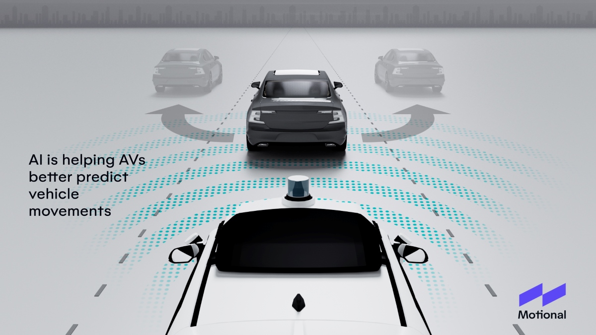 An illustration showing how a Motional Av analyzes whether another vehicle may change lanes or stay straight
