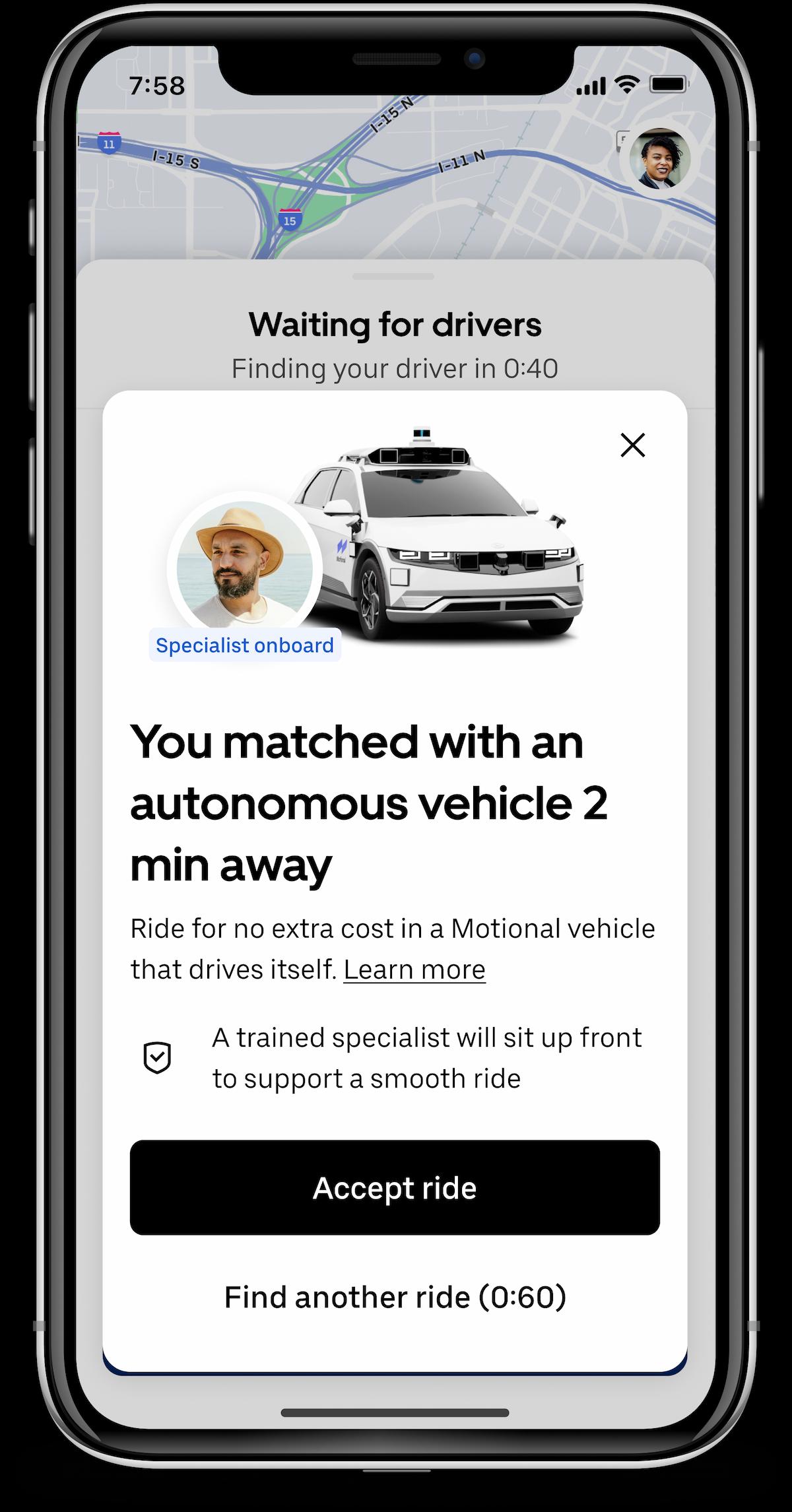 Motional and Uber robotaxi match notification in the Uber app.